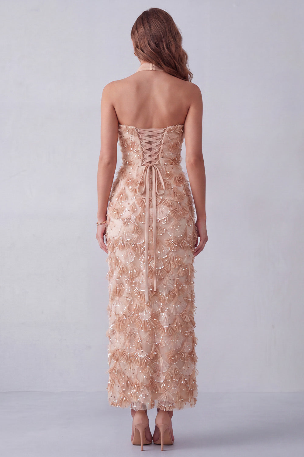 Sparkly Khaki Floral Sheath Sequins Long Formal Dress with Neck Scarf