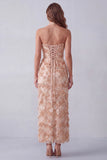 Sparkly Khaki Floral Sheath Sequins Long Formal Dress with Neck Scarf