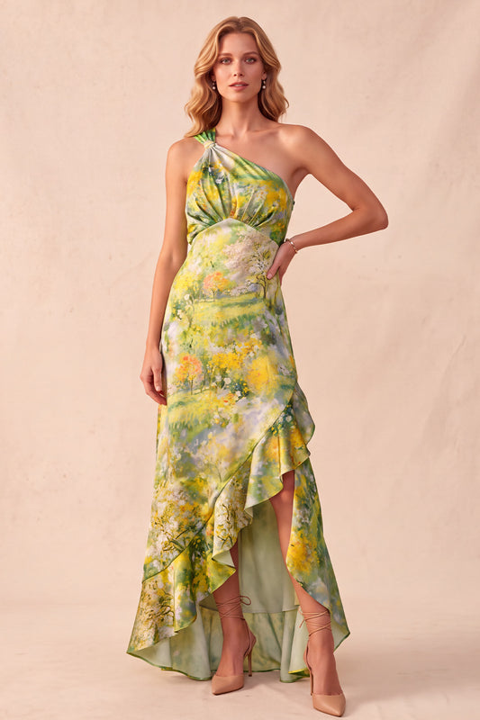 Yellow Floral One Shoulder Ruffled High-Low Formal Dress with Slit