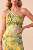 Yellow Floral One Shoulder Ruffled High-Low Formal Dress with Slit