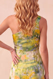 Yellow Floral One Shoulder Ruffled High-Low Formal Dress with Slit