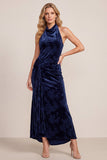 Navy Halter Floral Long Ruched Velvet Holiday Dress with Sash