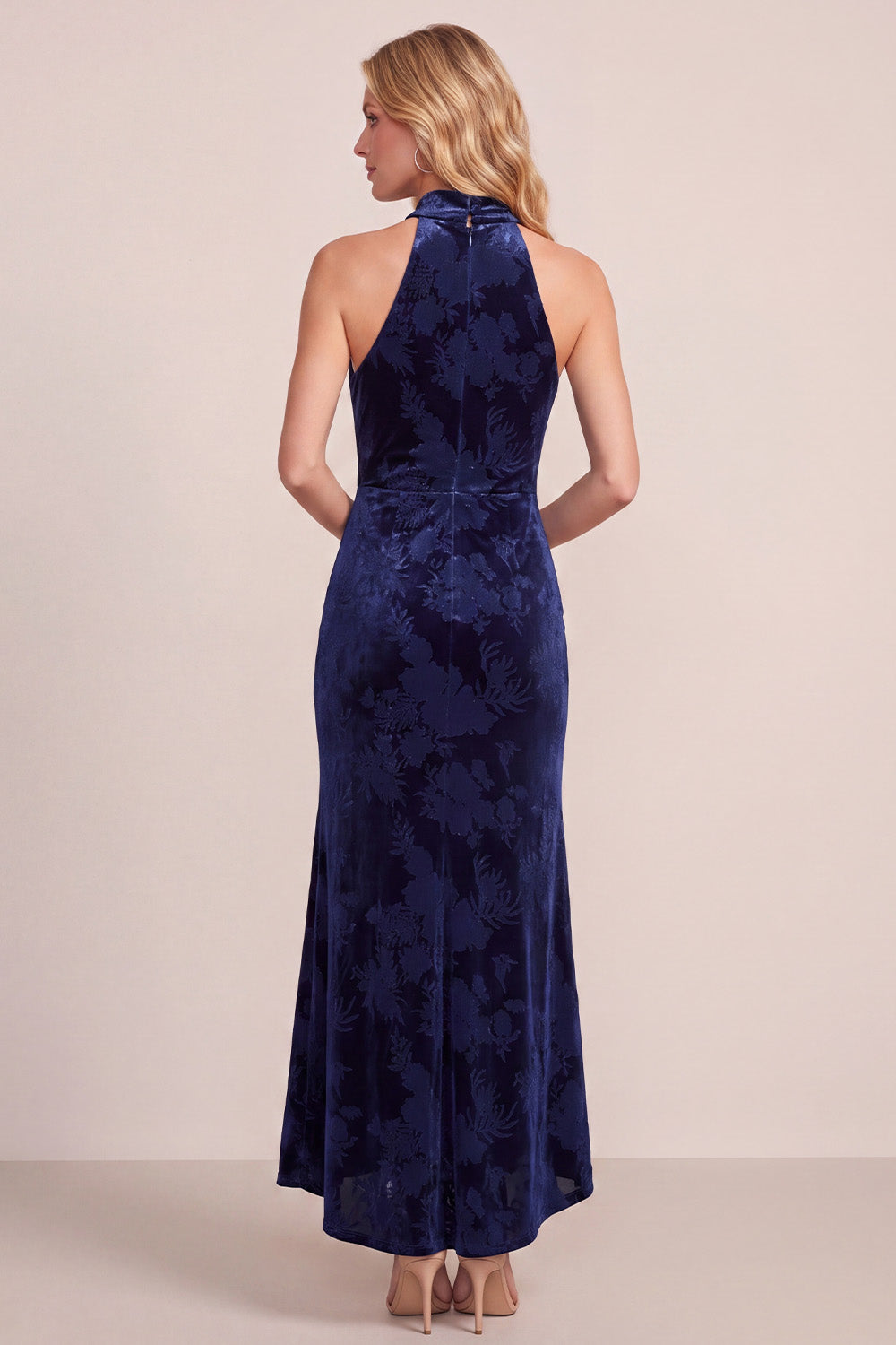 Navy Halter Floral Long Ruched Velvet Holiday Dress with Sash