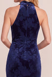Navy Halter Floral Long Ruched Velvet Holiday Dress with Sash