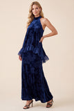Navy Halter Two Piece Ruffled Velvet Floral Long Holiday Dress