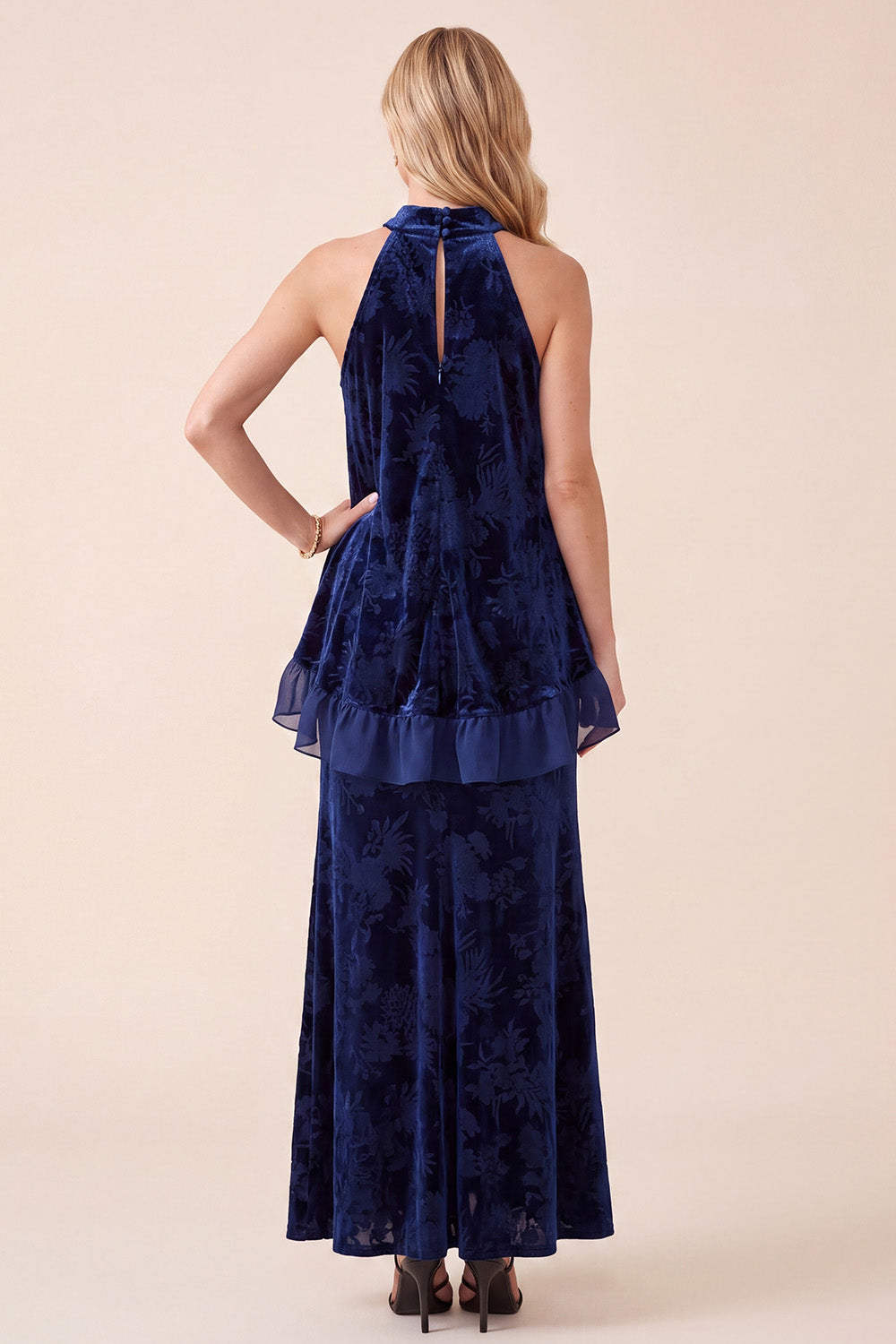 Navy Halter Two Piece Ruffled Velvet Floral Long Holiday Dress