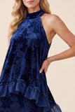 Navy Halter Two Piece Ruffled Velvet Floral Long Holiday Dress