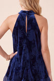 Navy Halter Two Piece Ruffled Velvet Floral Long Holiday Dress