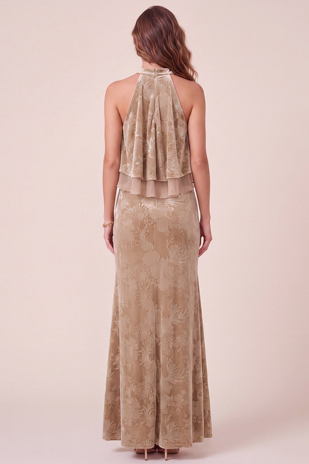 Champagne Ruffled Mermaid Floral Long Velvet Holiday Dress
