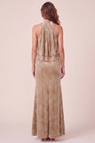 Champagne Ruffled Mermaid Floral Long Velvet Holiday Dress