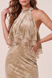 Champagne Ruffled Mermaid Floral Long Velvet Holiday Dress