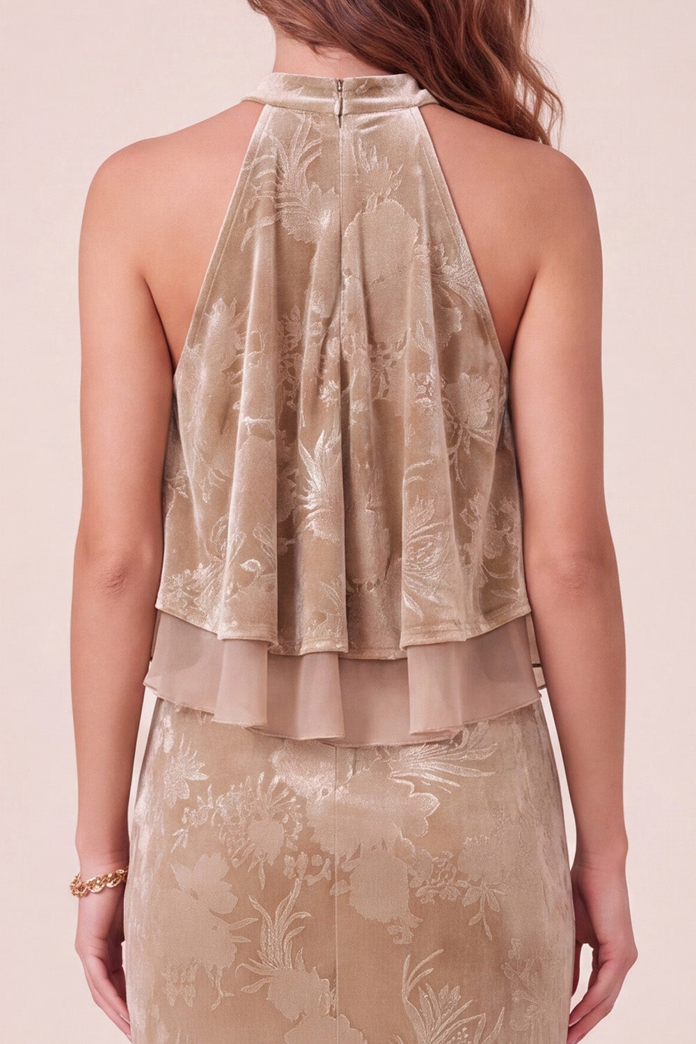 Champagne Ruffled Mermaid Floral Long Velvet Holiday Dress