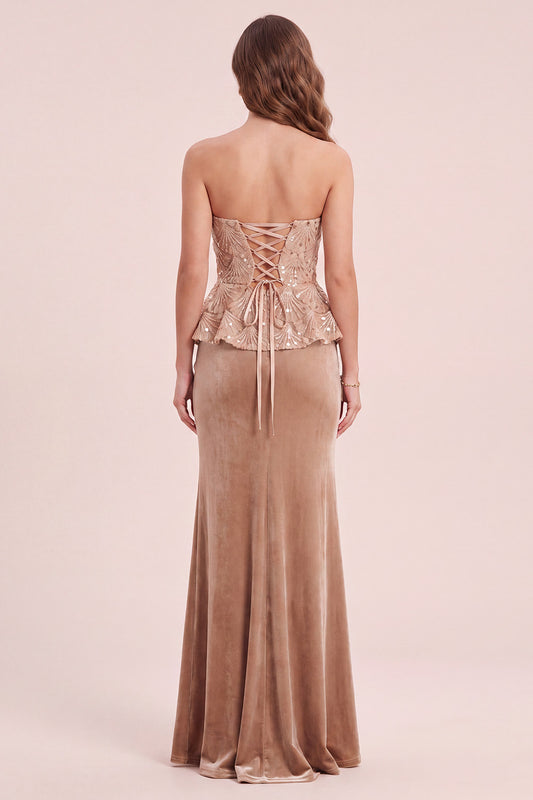 Sparkly Khaki Floral Velvet Mermaid Sequins Ruffled Long Holiday Dress