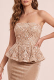 Sparkly Khaki Floral Velvet Mermaid Sequins Ruffled Long Holiday Dress