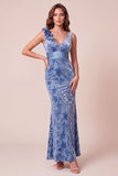 Blue Mermaid V-Neck Long Velvet Holiday Dress with 3D Flowers