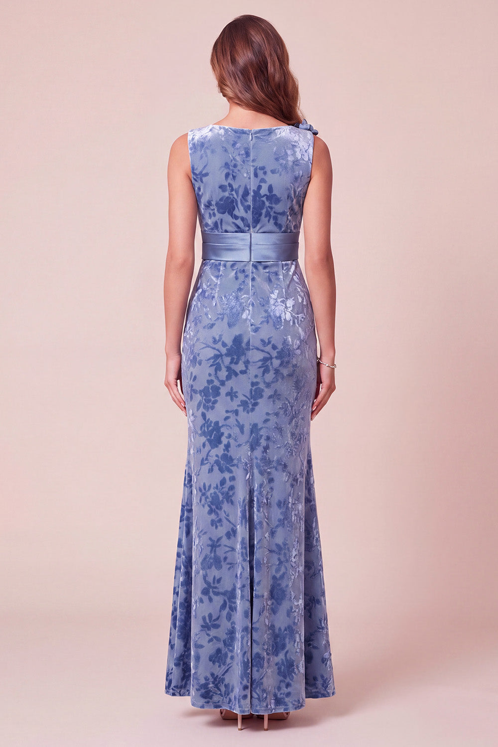 Blue Mermaid V-Neck Long Velvet Holiday Dress with 3D Flowers