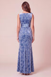 Blue Mermaid V-Neck Long Velvet Holiday Dress with 3D Flowers