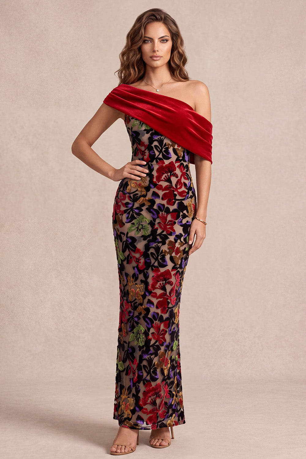 Red One Shoulder Floral Ruched Long Velvet Holiday Dress with Slit