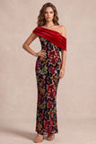Red One Shoulder Floral Ruched Long Velvet Holiday Dress with Slit
