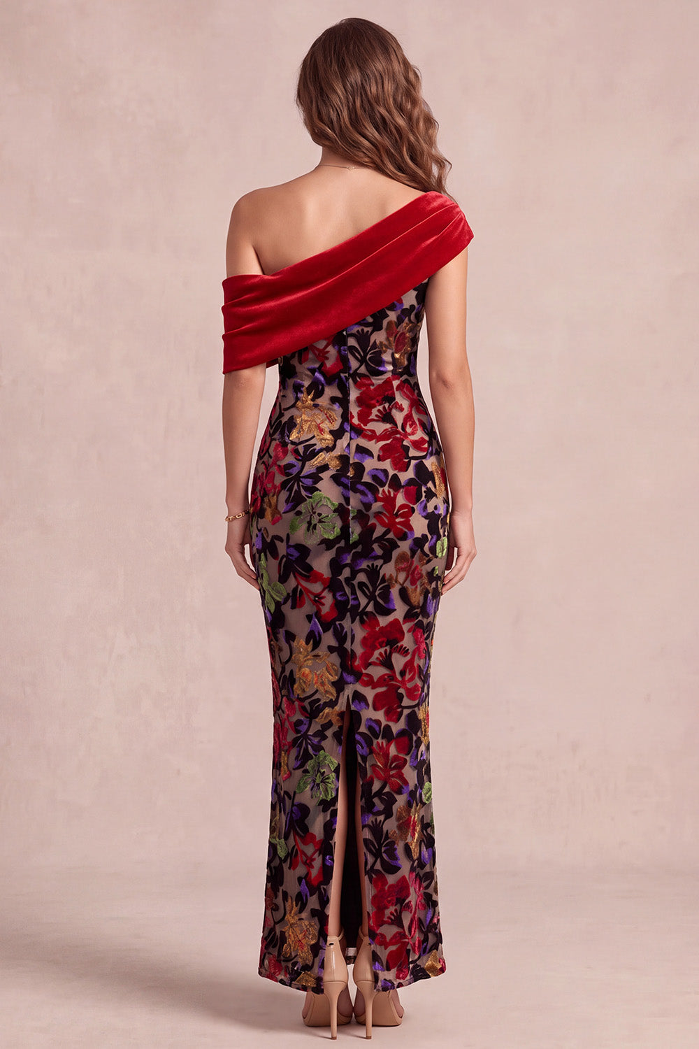 Red One Shoulder Floral Ruched Long Velvet Holiday Dress with Slit