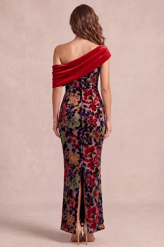 Red One Shoulder Floral Ruched Long Velvet Holiday Dress with Slit