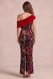 Red One Shoulder Floral Ruched Long Velvet Holiday Dress with Slit