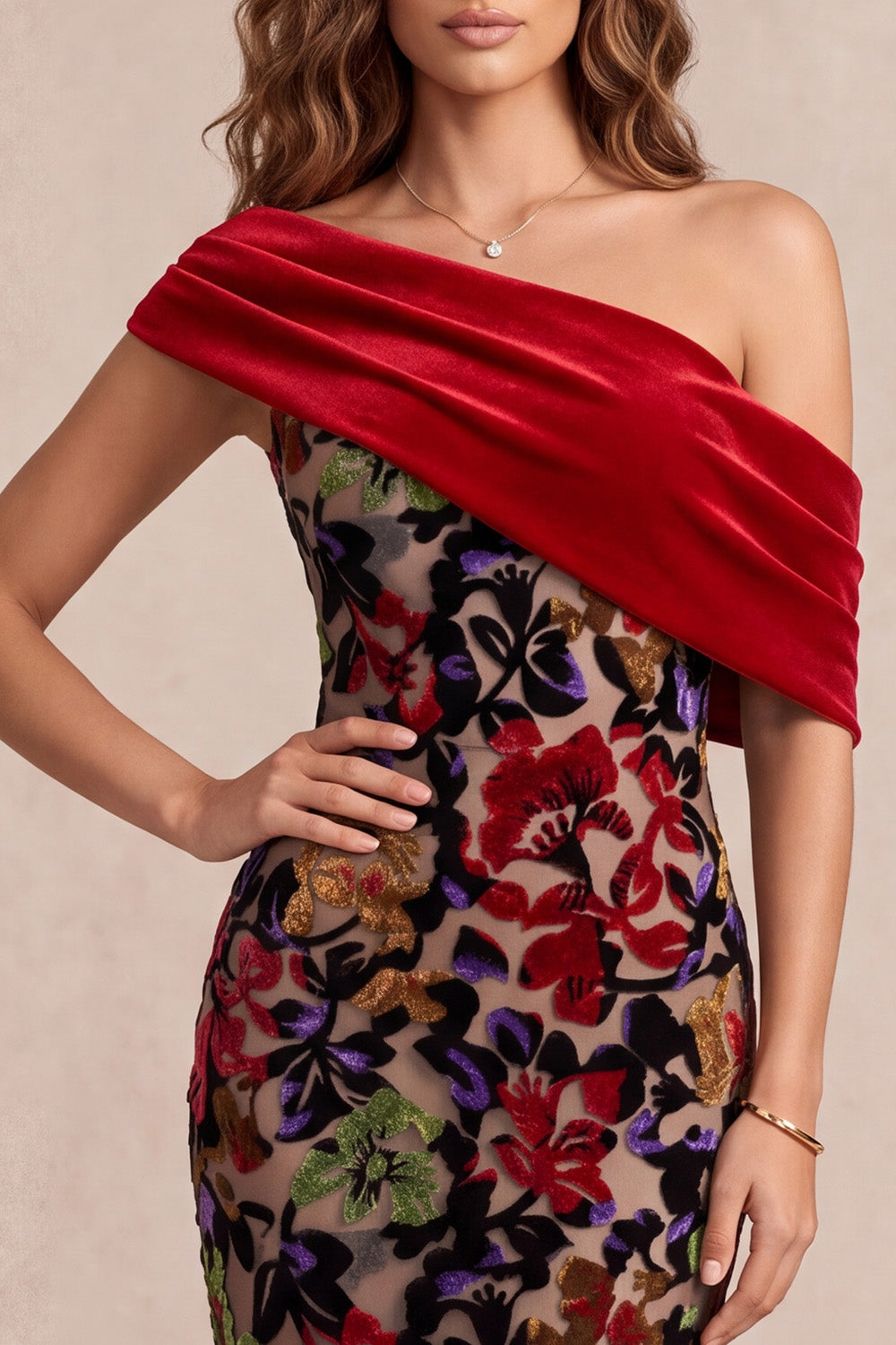Red One Shoulder Floral Ruched Long Velvet Holiday Dress with Slit