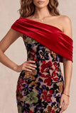 Red One Shoulder Floral Ruched Long Velvet Holiday Dress with Slit