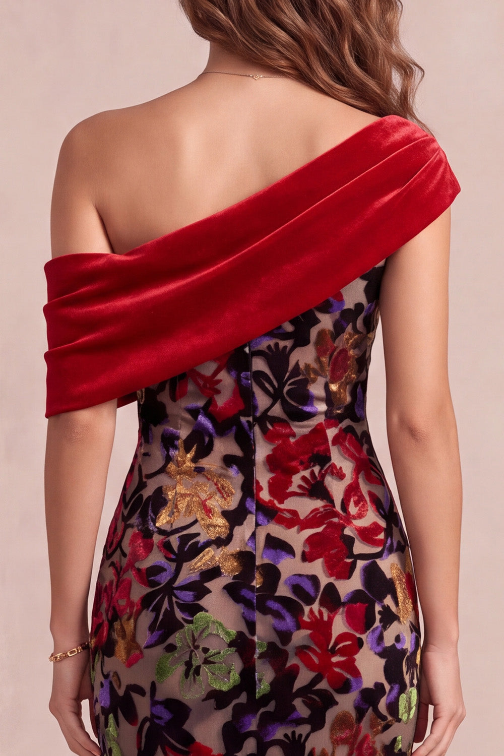 Red One Shoulder Floral Ruched Long Velvet Holiday Dress with Slit