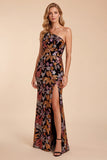 Sparkly Black One Shoulder Sequins Floral Long Formal Dress with Slit