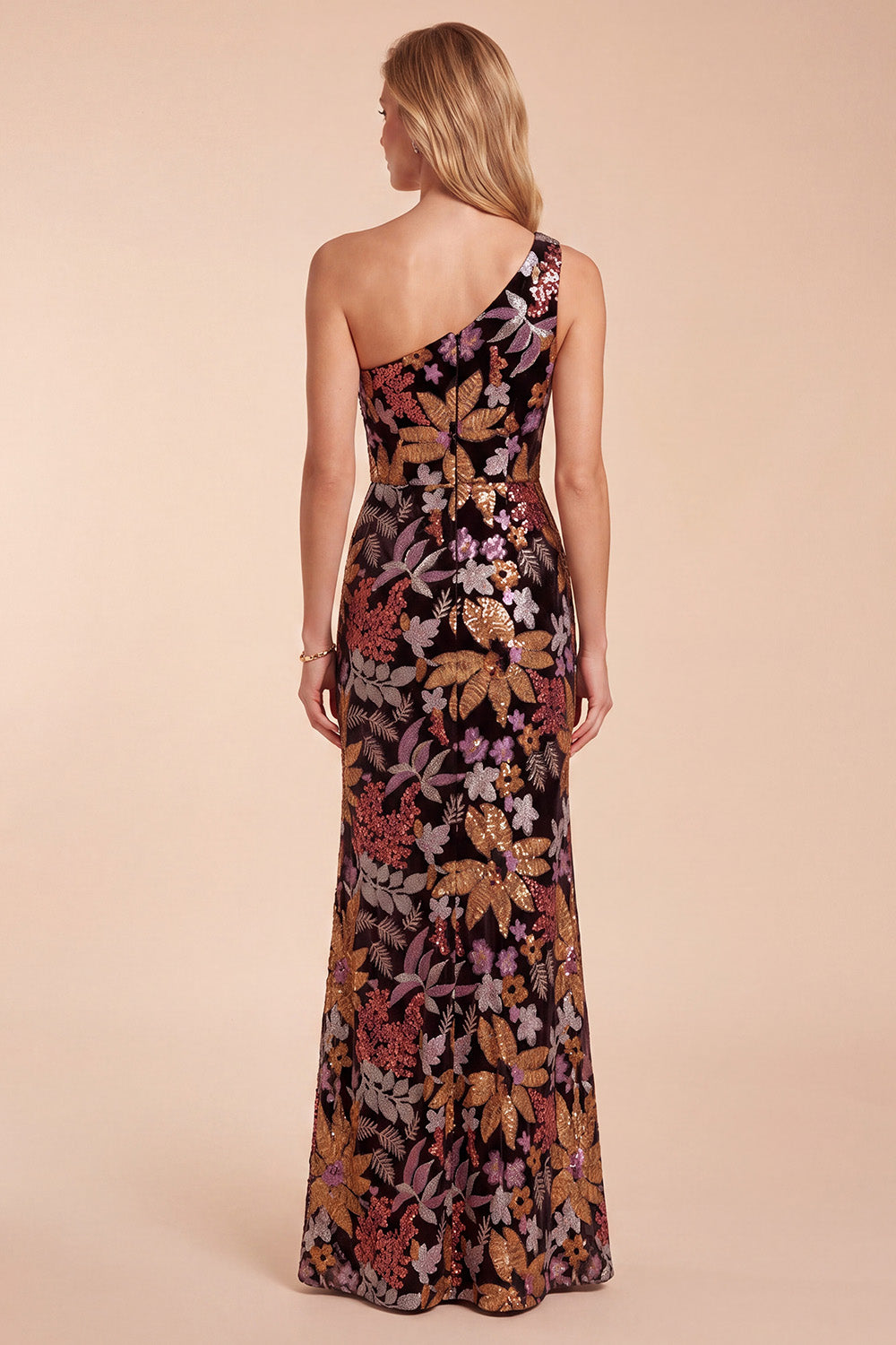 Sparkly Black One Shoulder Sequins Floral Long Formal Dress with Slit