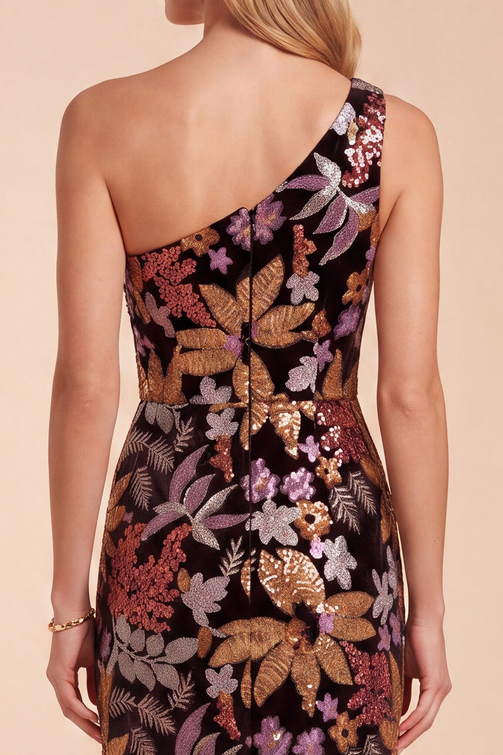 Sparkly Black One Shoulder Sequins Floral Long Formal Dress with Slit
