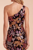 Sparkly Black One Shoulder Sequins Floral Long Formal Dress with Slit