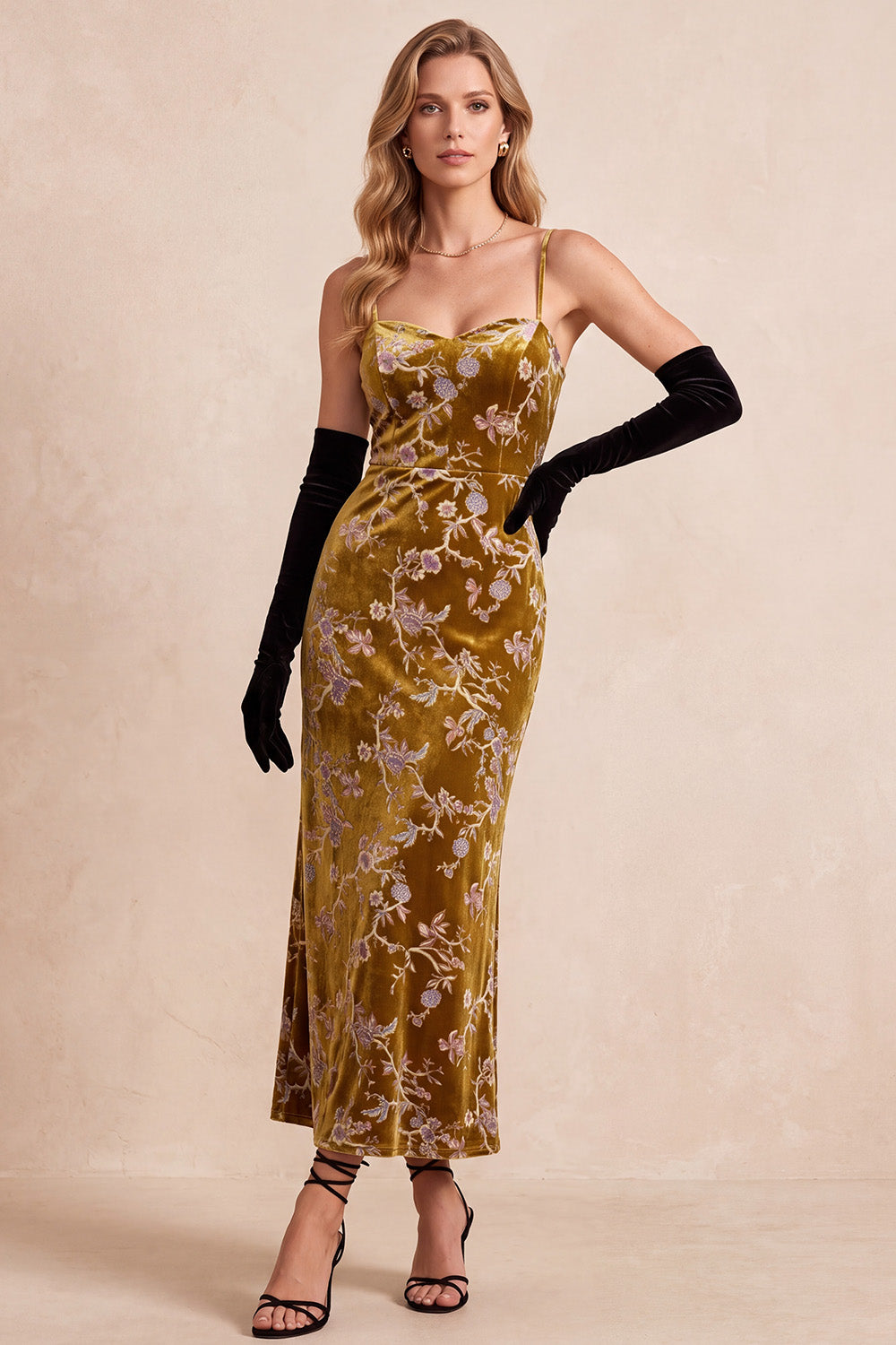 Mustard Gold Sheath Velvet Floral Spaghetti Straps Maxi Holiday Dress