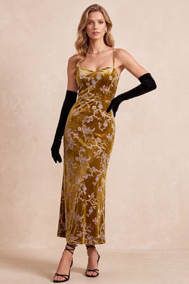 Mustard Gold Sheath Velvet Floral Spaghetti Straps Maxi Holiday Dress