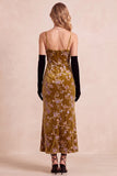 Mustard Gold Sheath Velvet Floral Spaghetti Straps Maxi Holiday Dress