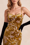 Mustard Gold Sheath Velvet Floral Spaghetti Straps Maxi Holiday Dress