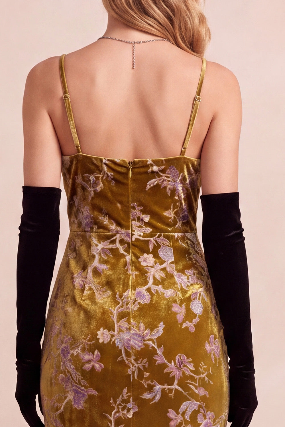 Mustard Gold Sheath Velvet Floral Spaghetti Straps Maxi Holiday Dress