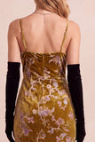 Mustard Gold Sheath Velvet Floral Spaghetti Straps Maxi Holiday Dress