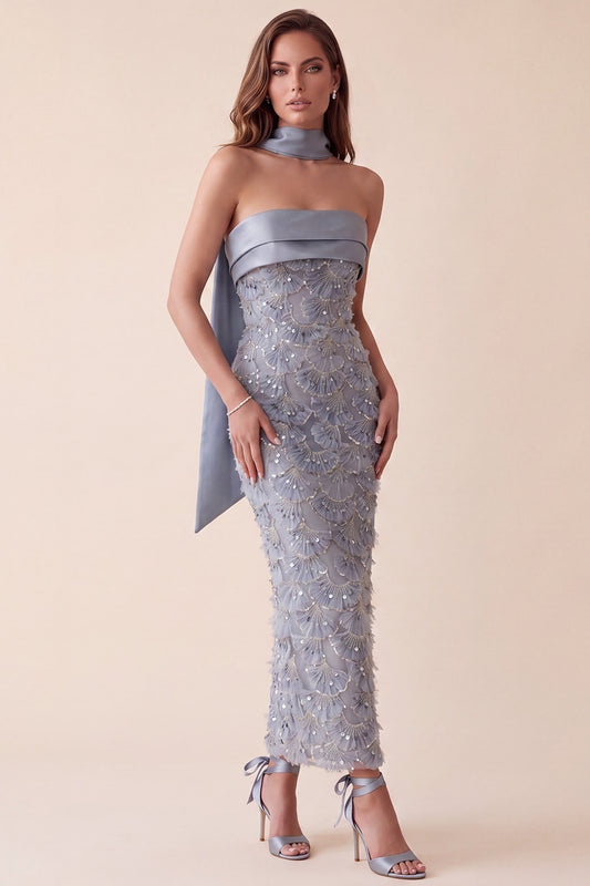 Sparkly Grey Blue Sheath Ruched Sequins Maxi Formal Dress with Neck Scarf