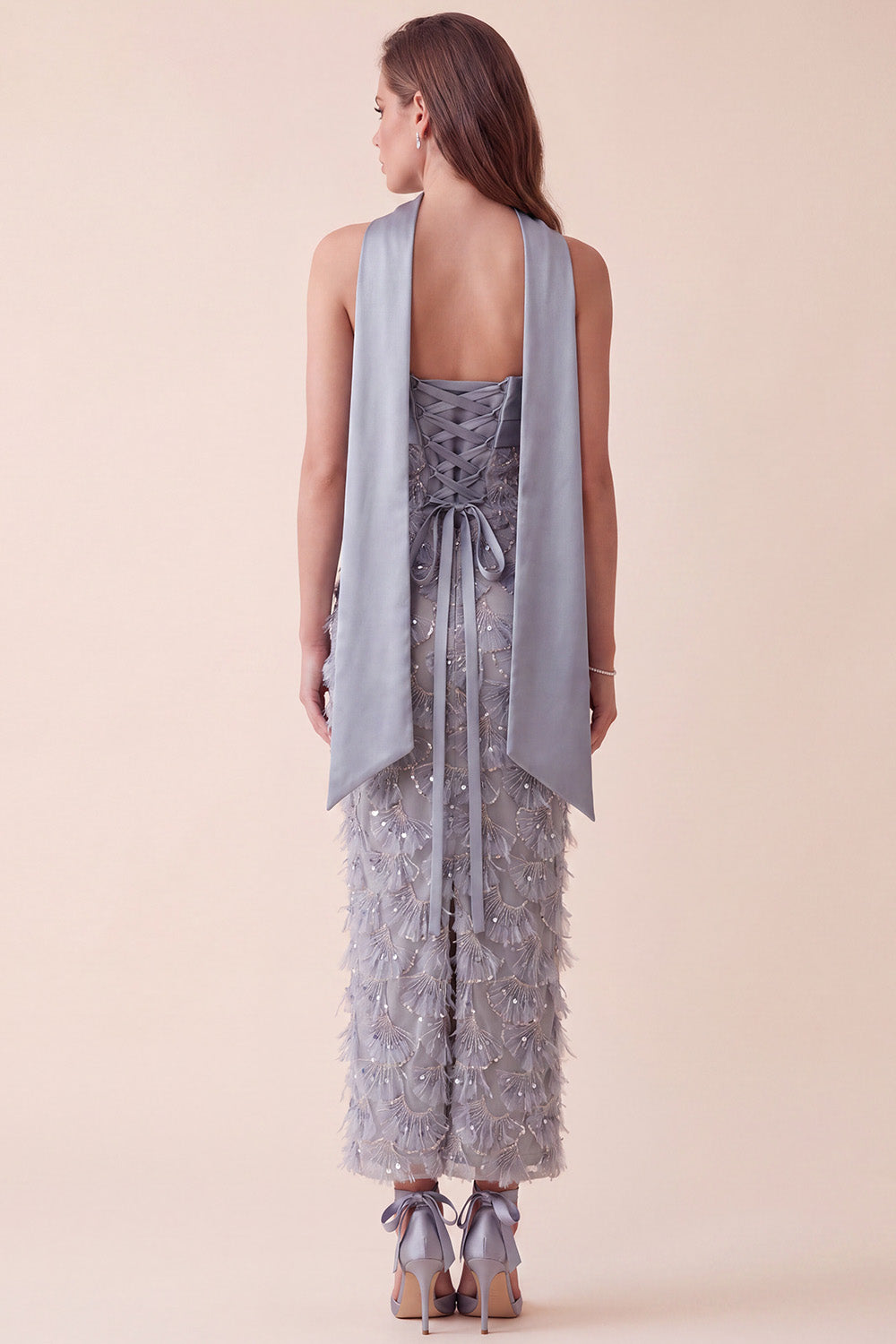 Sparkly Grey Blue Sheath Ruched Sequins Maxi Formal Dress with Neck Scarf