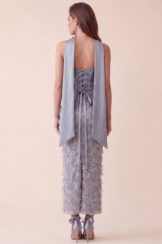 Sparkly Grey Blue Sheath Ruched Sequins Maxi Formal Dress with Neck Scarf