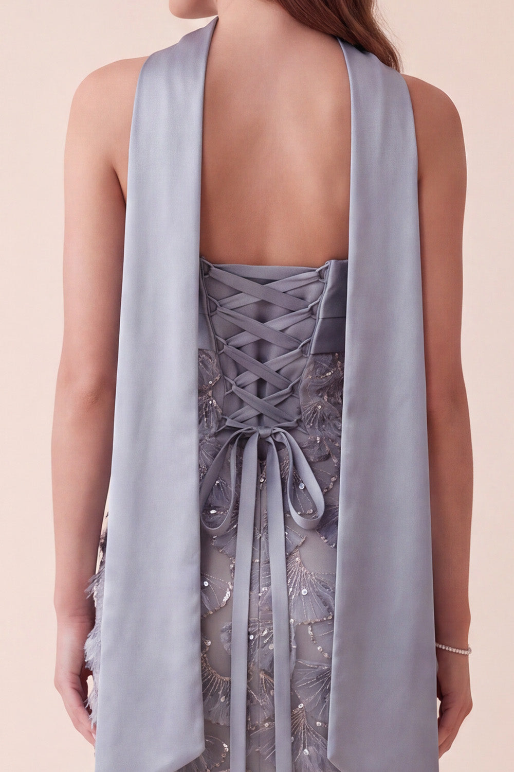Sparkly Grey Blue Sheath Ruched Sequins Maxi Formal Dress with Neck Scarf