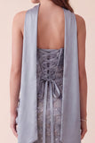 Sparkly Grey Blue Sheath Ruched Sequins Maxi Formal Dress with Neck Scarf