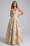 Champagne Corset A-Line Thick Straps Jacquard Long Formal Dress