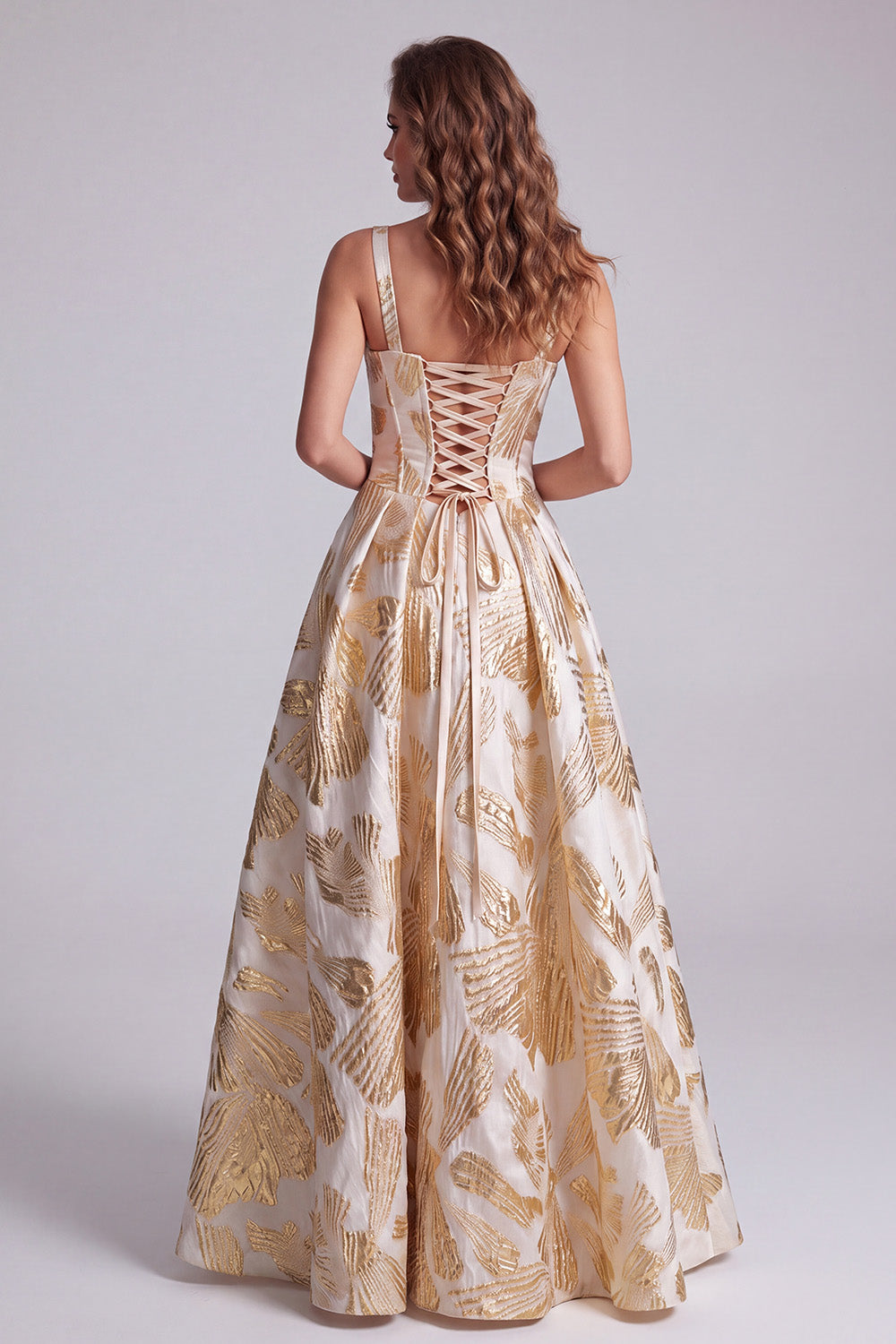 Champagne Corset A-Line Thick Straps Jacquard Long Formal Dress