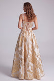 Champagne Corset A-Line Thick Straps Jacquard Long Formal Dress