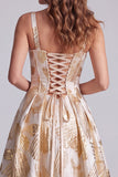 Champagne Corset A-Line Thick Straps Jacquard Long Formal Dress