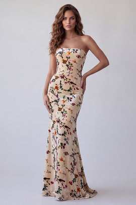 Champagne Floral Velvet Strapless Mermaid Long Holiday Dress