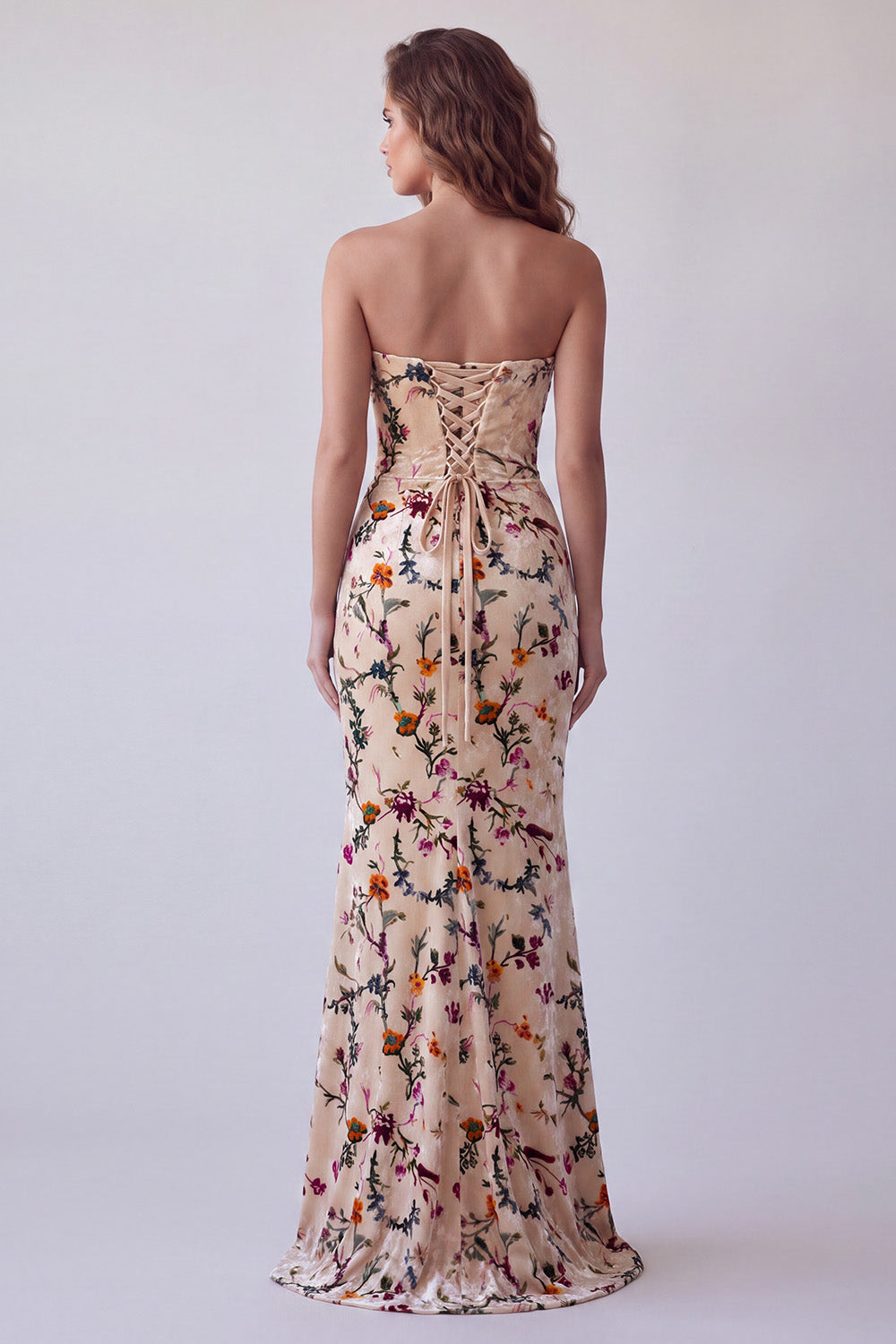 Champagne Floral Velvet Strapless Mermaid Long Holiday Dress